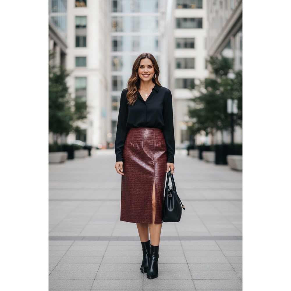 Brown Faux Leather Croc Embossed Midi Skirt with Slit Size 2XL JIT7713383